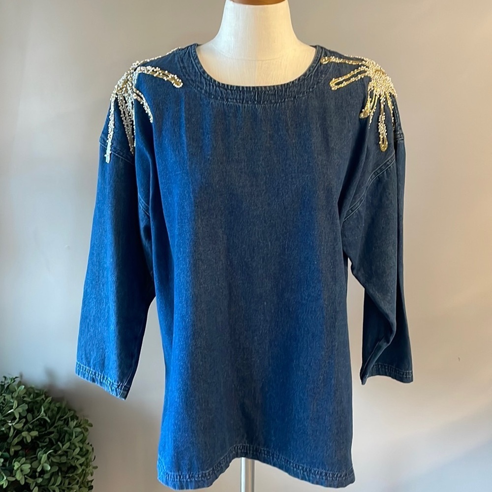 SUNBELT DENIM top embellished starburst beaded shoulders denim 3/4 sleeve XL